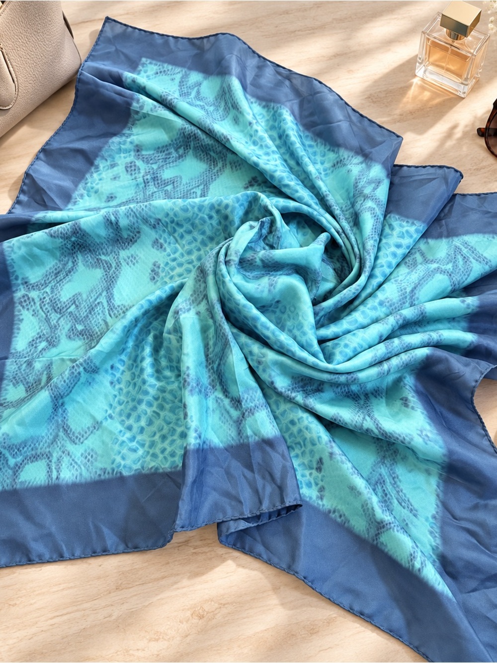 Italian Silk Scarf Blue Turquoise Snakeskin Print 34” Square